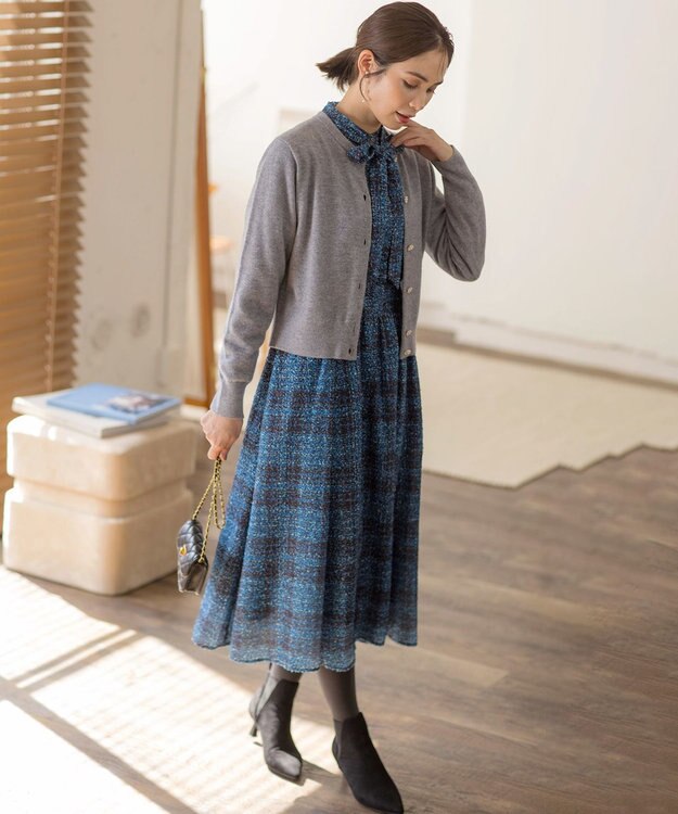 組曲 ギミックチェックツイード ワンピース ネイビー系5