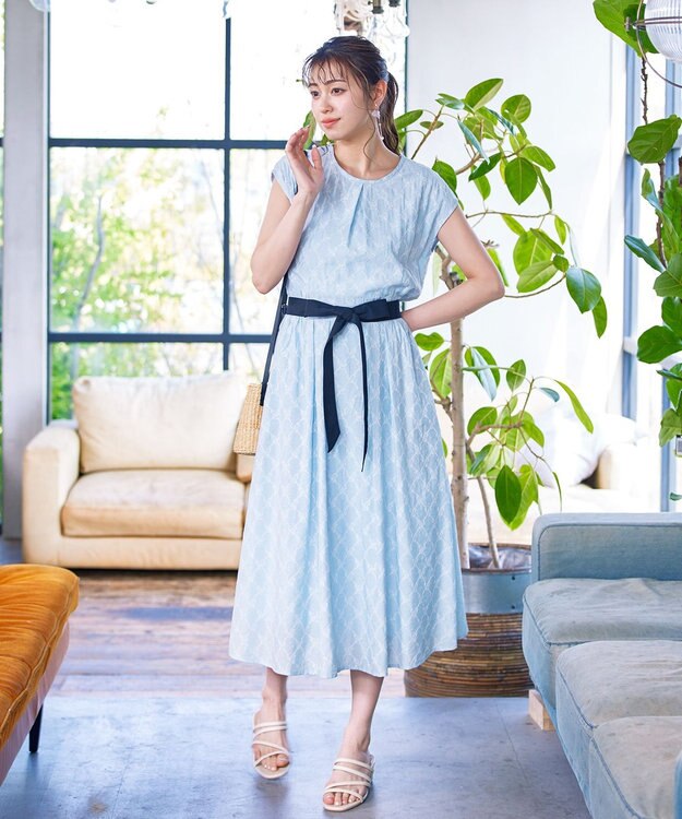 Tiaclasse 【洗える】配色刺繍レースワンピース サックス×ネイビー