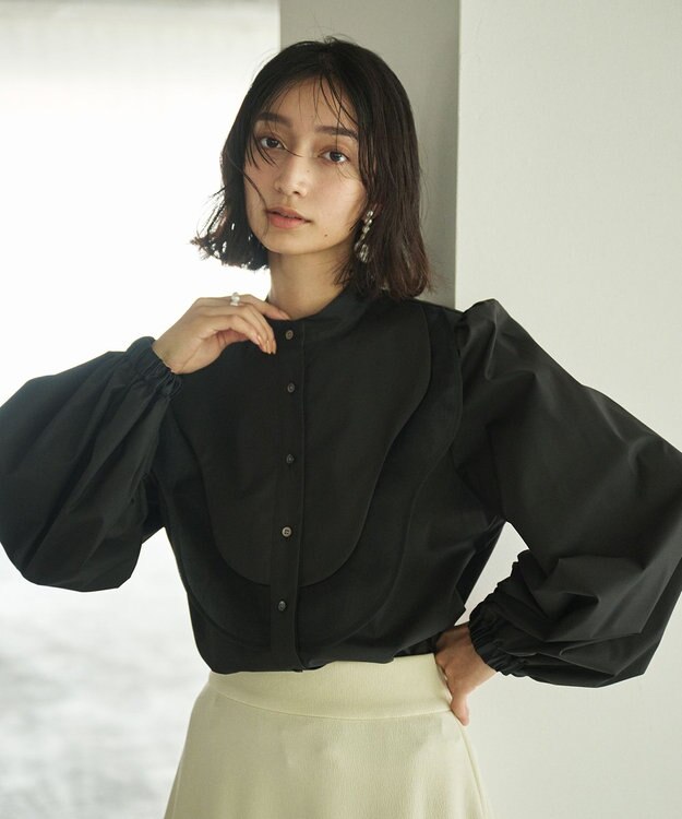 #Newans 【洗濯機可能】ウェイビービブデザインブラウス ブラック