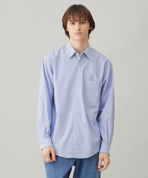 UNFILO MENS コットンライク レギュラーカラー シャツ ブルーストライプ