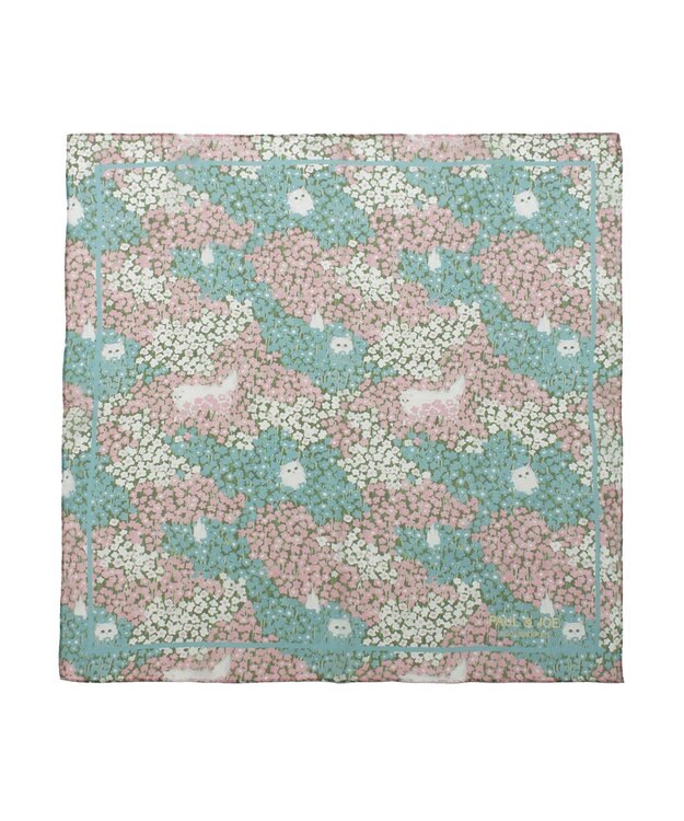MOONBAT 【WEB限定】PAUL & JOE ACCESSOIRES シルクシフォンスカーフ 58×58cm ターコイズブルー(Hide and seek in the flowers)