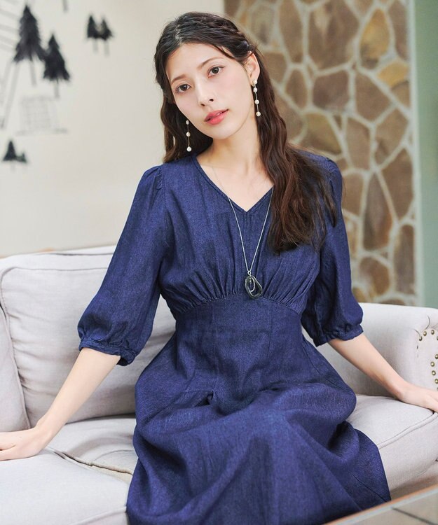 Tiaclasse 【洗える】デニムタックギャザーワンピース ネイビー