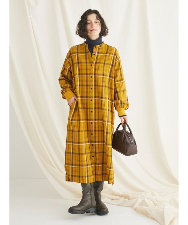 CRAFT STANDARD BOUTIQUE 先染めチェック（小）バンドカラー袖ＲＩＢ　ＯＰ Mustard