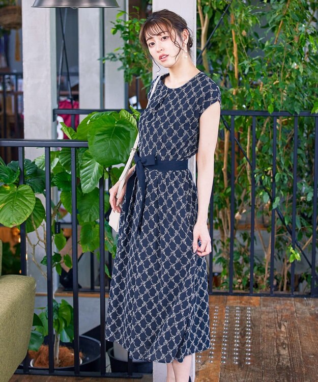 Tiaclasse 【洗える】配色刺繍レースワンピース ネイビー×ネイビー