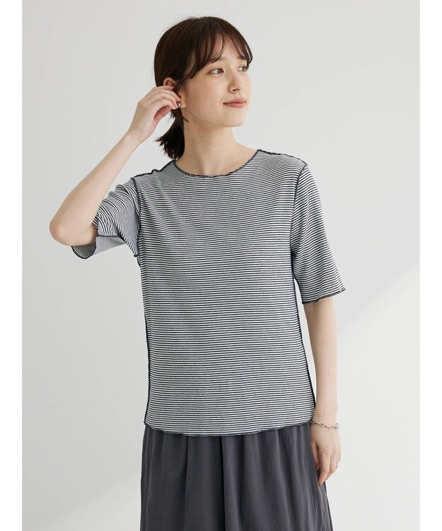 Green Parks メローリブ５分袖ボーダープルオーバー Navy