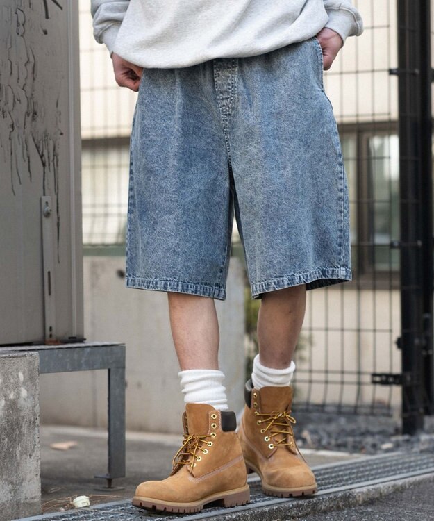 WEGO 【ウエストゴム/SMLサイズ展開】イージーコットンハーフパンツ デニム淡加工色