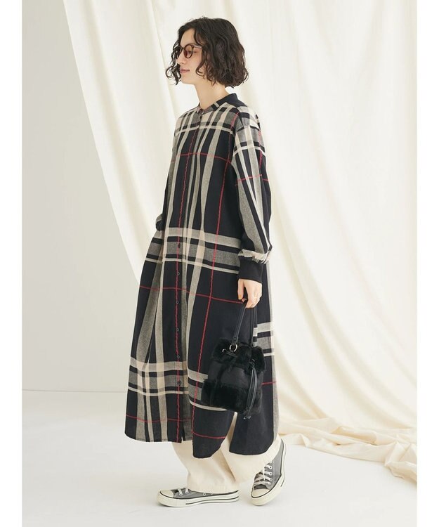 CRAFT STANDARD BOUTIQUE 先染めチェック（大）バンドカラー袖ＲＩＢ　ＯＰ Black