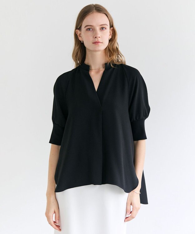 BEIGE， FLEUR / ドレープニット カフスブラウス Navy