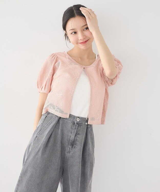 earth music&ecology フラワーコード刺繍カーディガン Pink