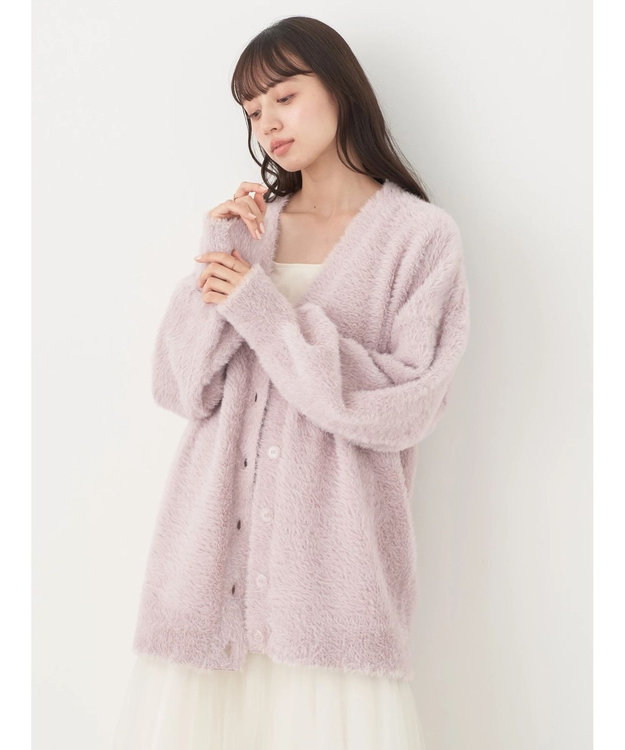 earth music&ecology ロングシャギーＶネックカーディガン Pink Beige