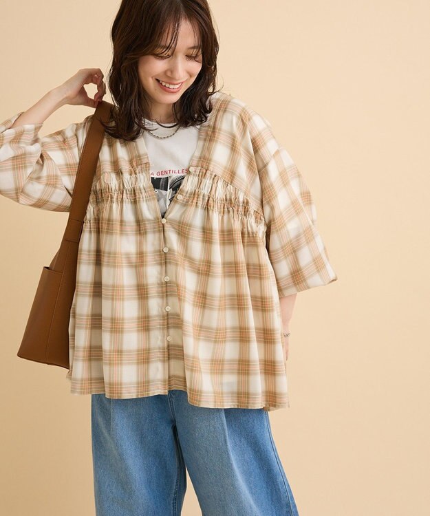 Green Parks 【しゃれシャツ】イージーケアＶネックチェックブラウス Beige