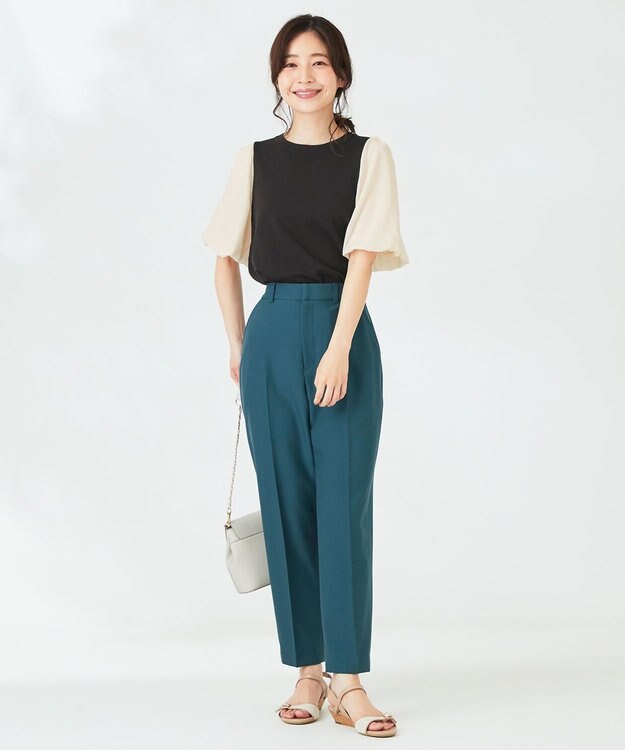 ANY SIS 【洗える】バルーンスリーブ ニットＴシャツ ブラック×アイボリー