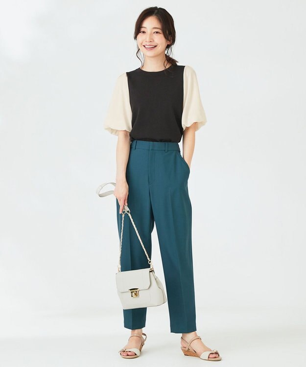 ANY SIS 【洗える】バルーンスリーブ ニットＴシャツ ブラック×アイボリー