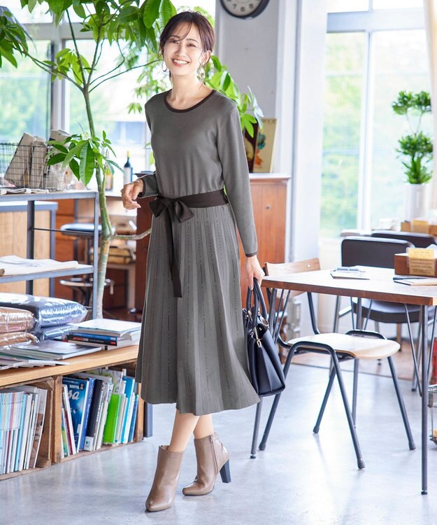 Tiaclasse 【洗える】1枚で着映えするステッチニットワンピース モカ×ブラウン