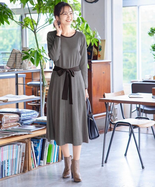 Tiaclasse 【洗える】1枚で着映えするステッチニットワンピース モカ×ブラウン