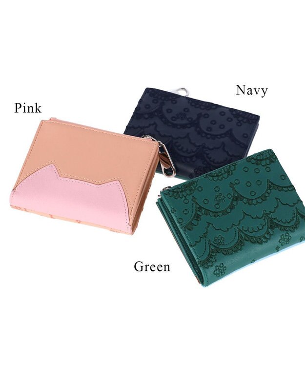 tsumori chisato CARRY スカラップししゅう 2つ折り財布 ミニ財布 猫モチーフ ピンク