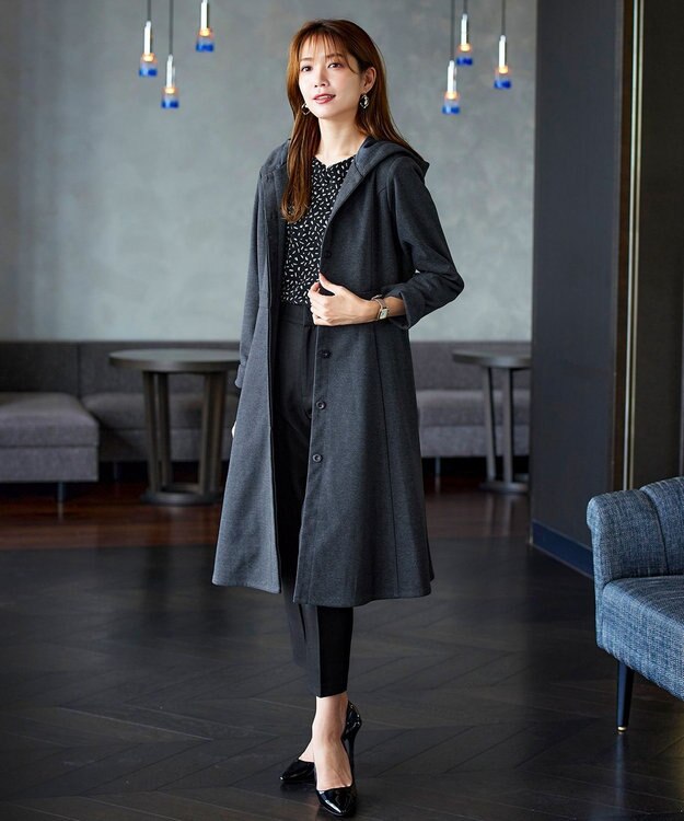 Tiaclasse ウール調フレアフードコート チャコールグレー