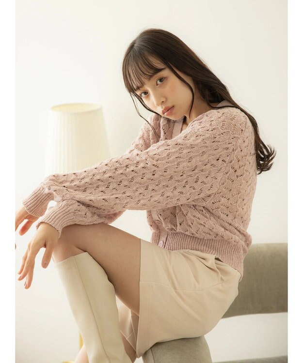 earth music&ecology スラブコットンレース編みカーディガン Pink