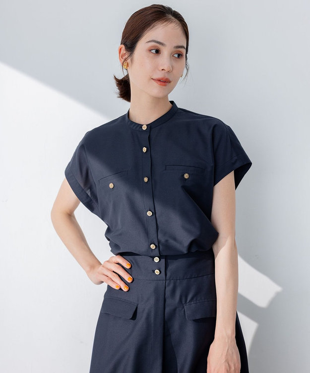 組曲 【洗える・涼感】シアーボイルバンドカラー ブラウス ネイビー系