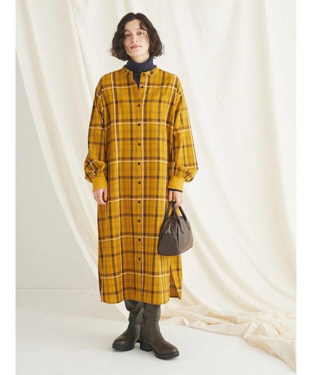 CRAFT STANDARD BOUTIQUE 先染めチェック（小）バンドカラー袖ＲＩＢ　ＯＰ Mustard