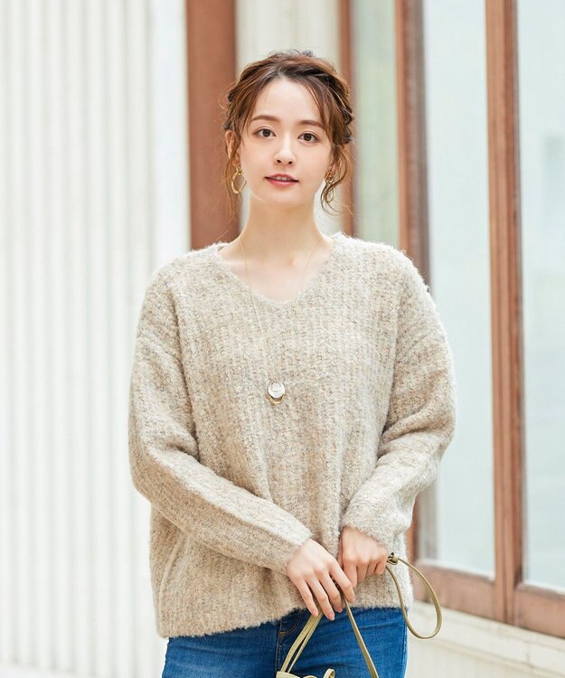 Tiaclasse L 【洗える】表情豊かなVネックMIX糸オーバーニット ベージュ