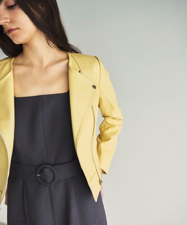 GRACE CONTINENTAL ノーカラーレザーライダースジャケット イエロー