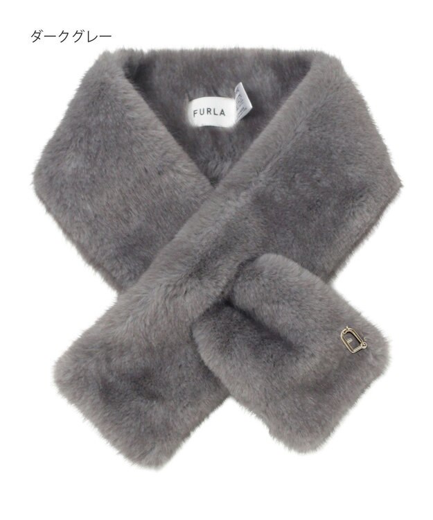 MOONBAT FURLA（フルラ）差し込みファーティペット マフラー アーチロゴ フェイクファー ダークグレー