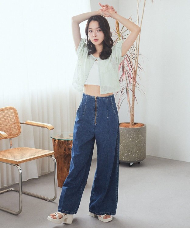 earth music&ecology フラワーコード刺繍カーディガン Mint