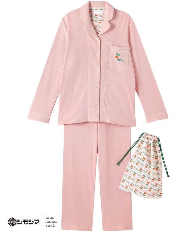 une nana cool MADE WITH シモジマ 【綿100%】開襟ワッフルパジャマ ピンク