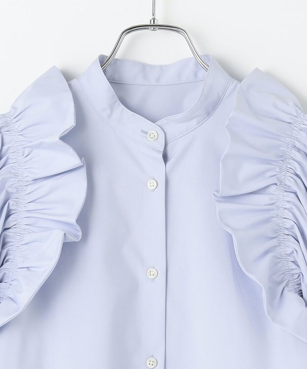 #Newans 【洗濯機可能/シワになりにくい】〈春名亜美さんコラボ〉ショルダーフリルブラウス サックス