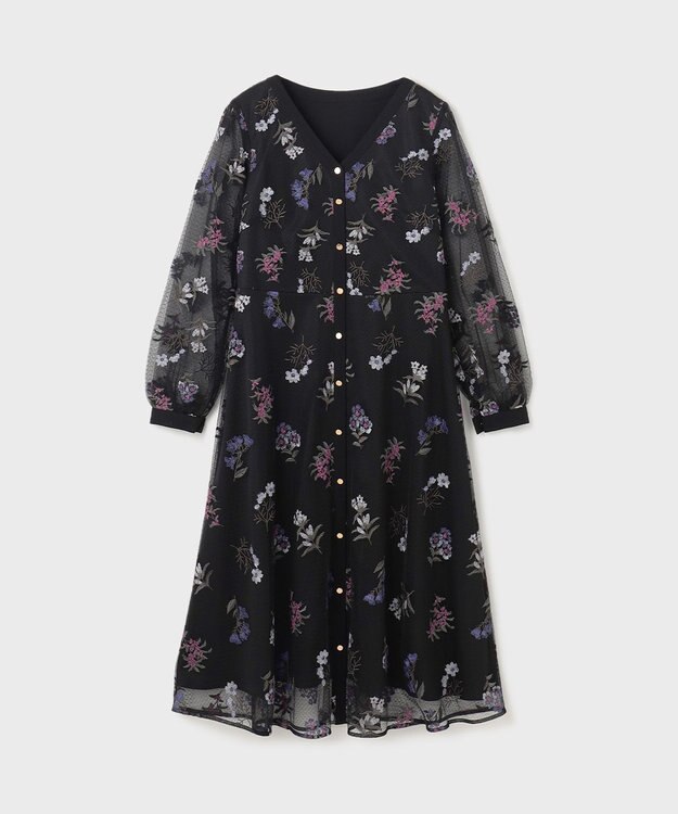 GRACE CONTINENTAL チュールフラワー刺繍ワンピース ブラック