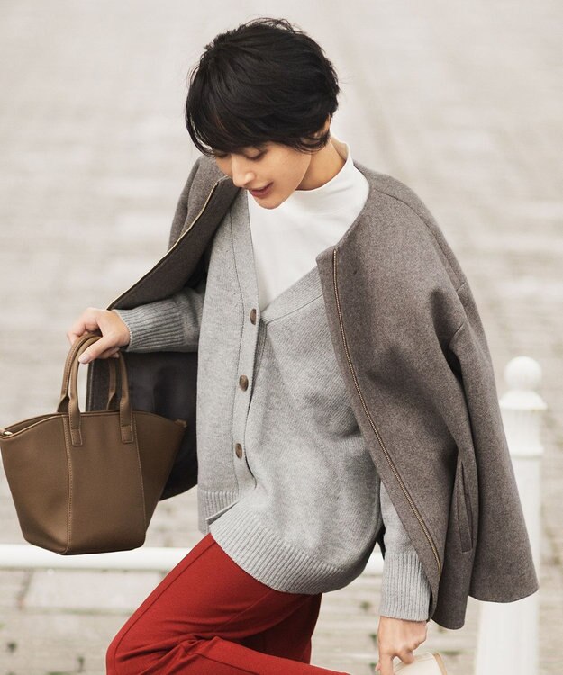 ANY 【洗濯機可】ラムウールVネック カーディガン グレー