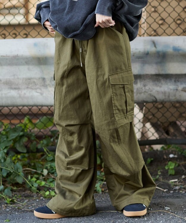 WEGO 【ウエストゴム/XSSMサイズ展開】ツイルイージーカーゴパンツ カーキ