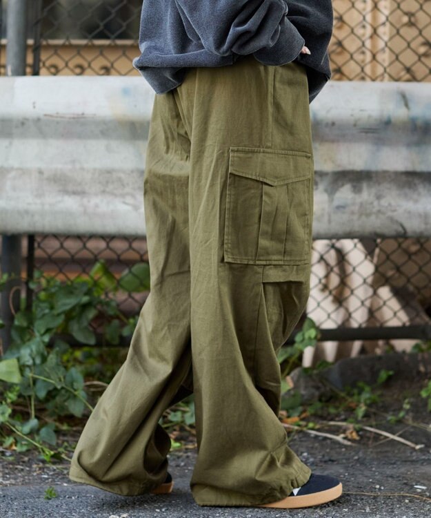 WEGO 【ウエストゴム/XSSMサイズ展開】ツイルイージーカーゴパンツ カーキ