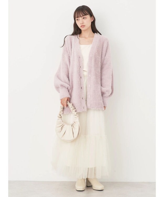 earth music&ecology ロングシャギーＶネックカーディガン Pink Beige