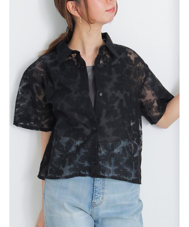 Te chichi オーガンジー刺繍ハーフスリーブシャツ ブラック