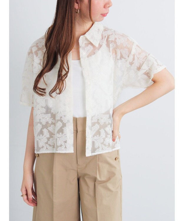 Te chichi オーガンジー刺繍ハーフスリーブシャツ オフホワイト