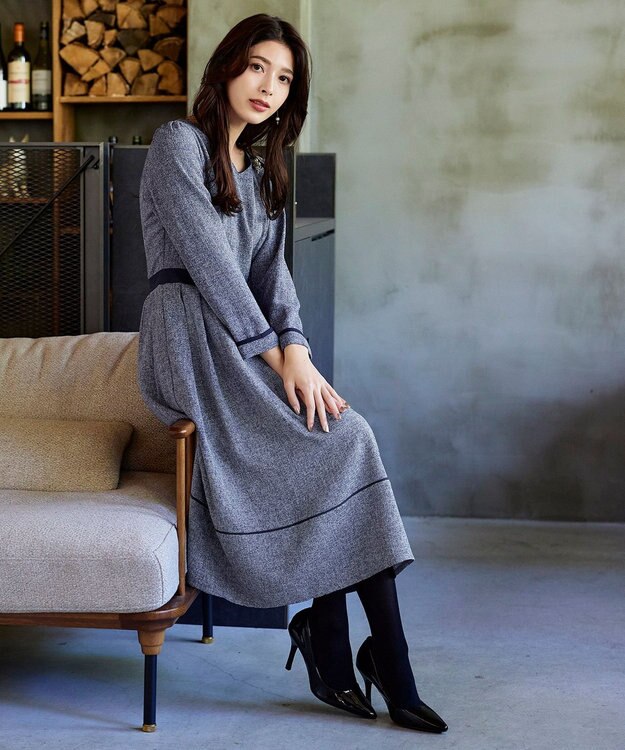 Tiaclasse 【洗える】配色パイピングフレアワンピース ネイビー