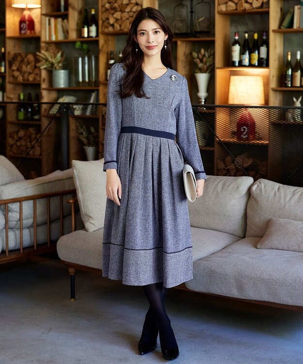 Tiaclasse 【洗える】配色パイピングフレアワンピース ネイビー