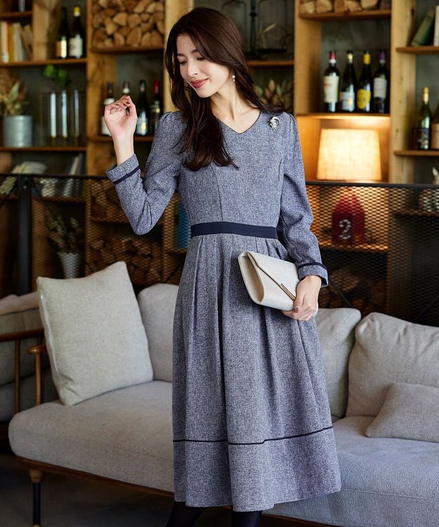 Tiaclasse 【洗える】配色パイピングフレアワンピース ネイビー