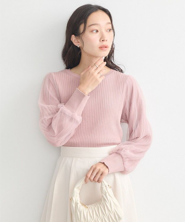 earth music&ecology マジョリカプリーツチュールニットプルオーバー Pink Beige