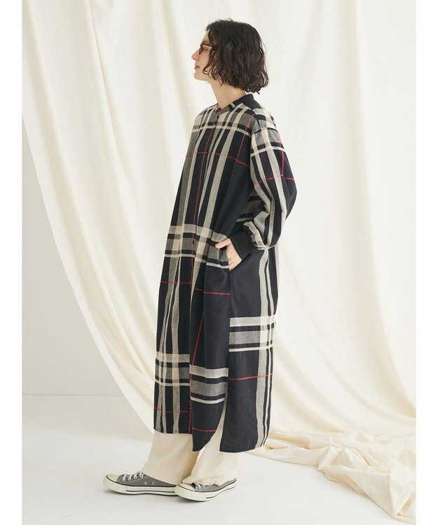 CRAFT STANDARD BOUTIQUE 先染めチェック（大）バンドカラー袖ＲＩＢ　ＯＰ Black