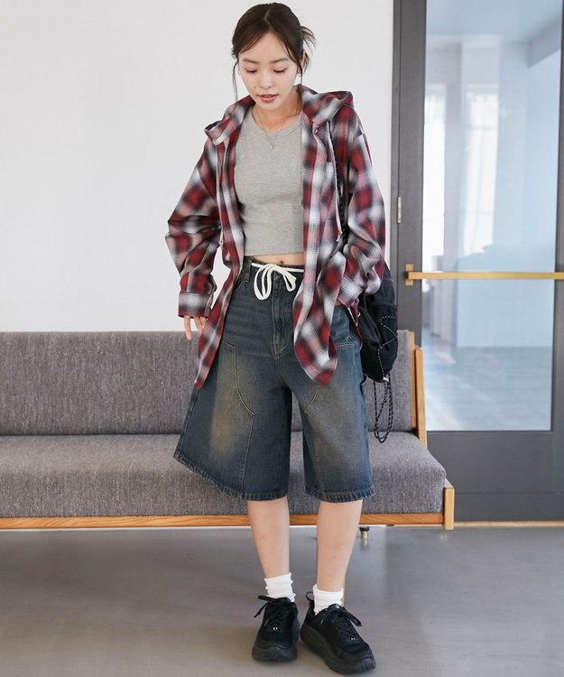 WEGO フードチェックBIGシャツ レッド