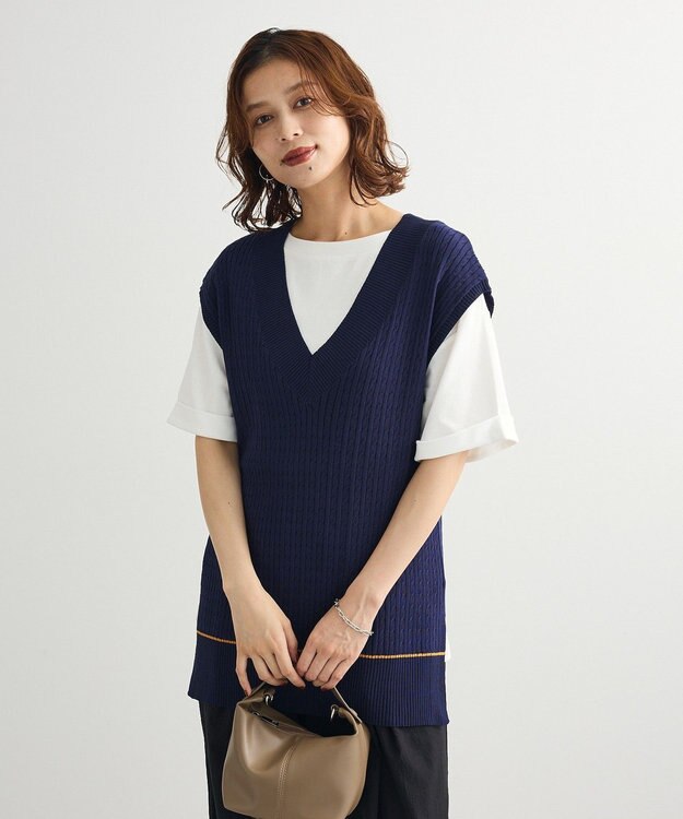 Green Parks 裾ラインケーブルニットベスト Navy