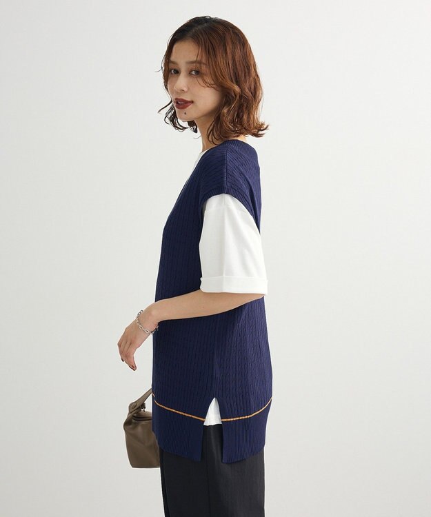 Green Parks 裾ラインケーブルニットベスト Navy
