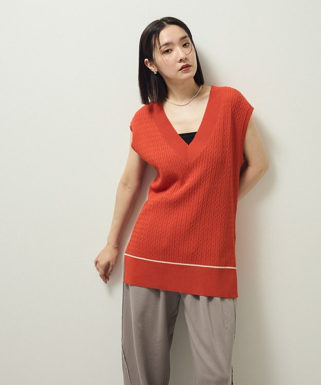 Green Parks 裾ラインケーブルニットベスト Orange
