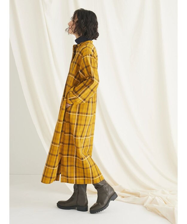 CRAFT STANDARD BOUTIQUE 先染めチェック（小）バンドカラー袖ＲＩＢ　ＯＰ Mustard