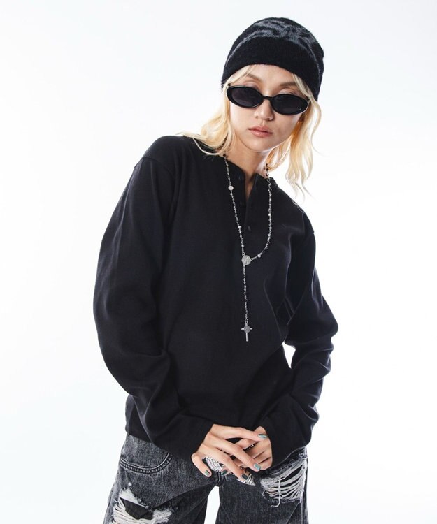 WEGO 【ユニセックス着用ITEM】コンパクトフィットリブヘンリーネックT（LS） ブラック