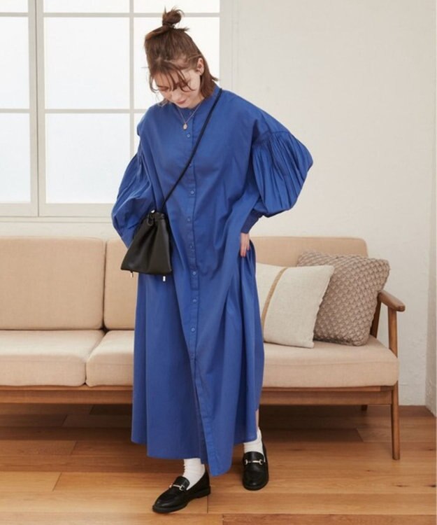 WEGO 【ANGIE VINTAGE】ボリュームスリーブ バンドカラー シャツワンピース ロイヤルブルー