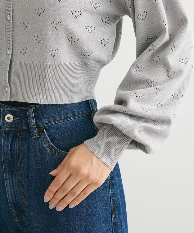 Green Parks ・ｓｗｉｎｇ　ｂｙ　ハート柄スカシニットカーディガン Gray